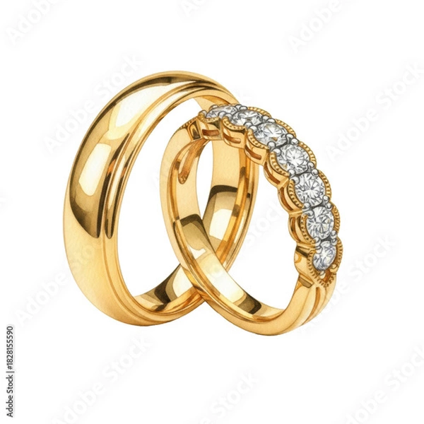 Fototapeta Detailed watercolor of two intertwined golden wedding rings, one plain, one with five sparkling diamonds, on a transparent background with soft light, capturing the texture of watercolor paper.