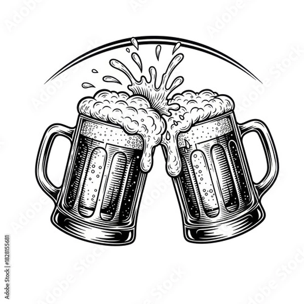 Fototapeta Two traditional, sturdy beer mugs, full with frothy foam and bubbles, clinking forcefully with vigorous splashing beer, on a plain white background with elegant curved lines framing, vintage black