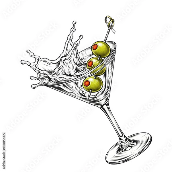 Fototapeta Hand-drawn pencil sketch of a classic martini glass dramatically tilted, clear liquid actively splashing outwards, with two vibrant green olives on a skewer, all on a minimalist white background,