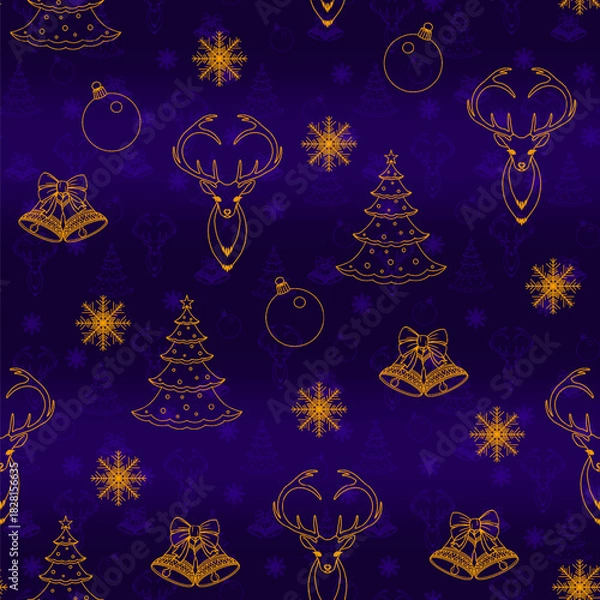 Fototapeta Seamless pattern with isolated golden Christmas symbols: a fir tree, reindeer, baubles, snowflakes, and bells on a purple-blue background.