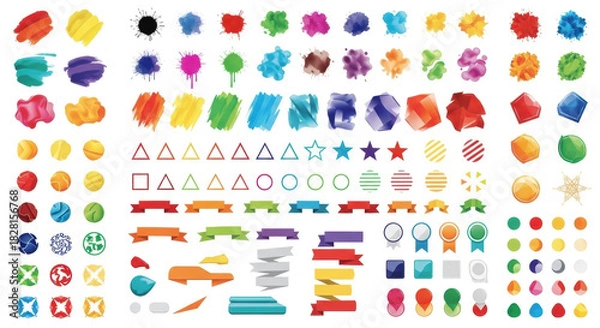 Fototapeta A comprehensive collection of diverse vector graphic design elements including paint strokes, ink splatters, geometric shapes, ribbons, buttons, and icons in a vibrant rainbow color palette, neatly