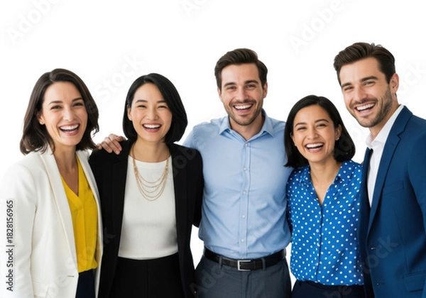 Fototapeta Five diverse young to middle-aged business professionals in smart attire, arms around each other, smiling and laughing cheerfully at camera against a transparent studio background, concept of