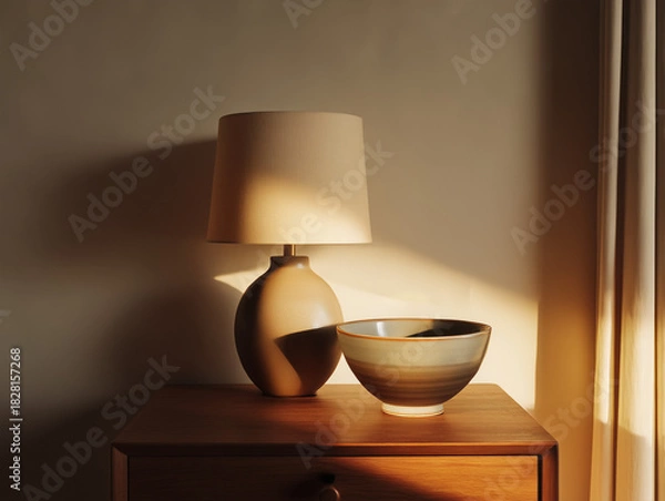 Fototapeta Minimal side table with lamp and ceramic bowl, warm evening light, calm winter interior.