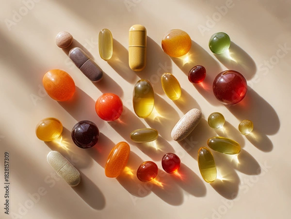 Fototapeta Neat arrangement of vitamins and supplements , soft natural light.
