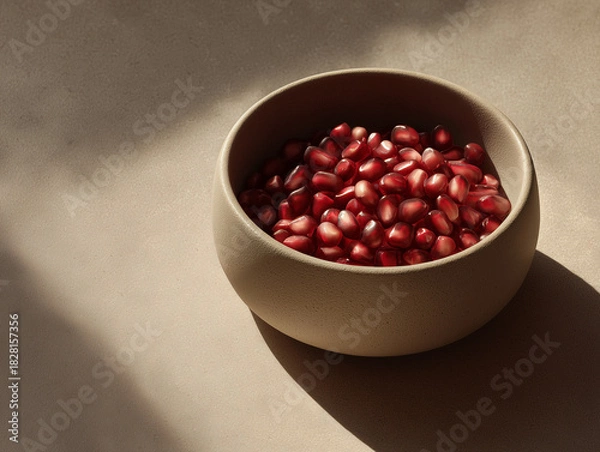 Fototapeta Pomegranate seeds in a minimalist bowl, soft light, neutral tones