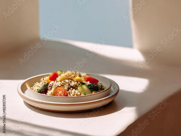 Fototapeta Fresh tabbouleh salad, clean stone surface, soft daylight, magazine-style composition.