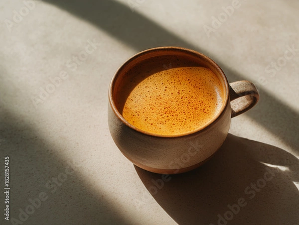 Fototapeta Turmeric latte in a ceramic cup, warm morning glow, minimal neutral tones, editorial style