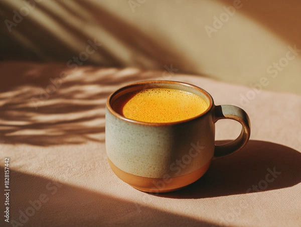 Fototapeta Turmeric latte in a ceramic cup, warm morning glow, minimal neutral tones, editorial style