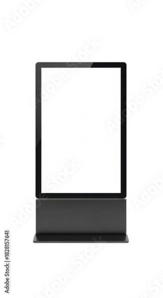 Fototapeta Modern vertical digital advertising billboard, standing lcd screen with sleek matte black frame and minimalist base, blank and clean on pristine transparent infinite studio background, centered with