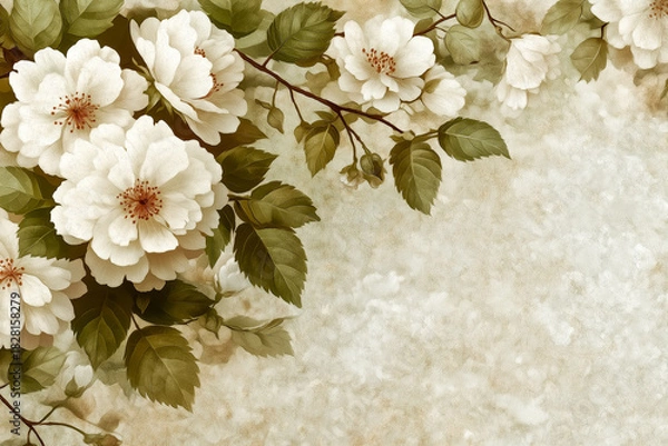 Obraz 高級感ある白花とグリーンのボタニカル背景