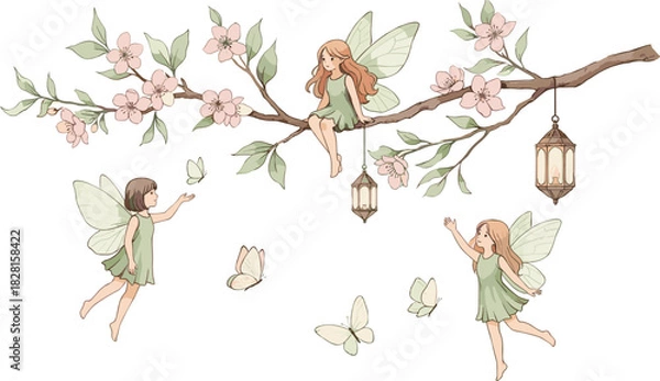 Fototapeta Whimsical illustration of magical little fairies playing on a blooming spring branch with butterflies and hanging lanterns