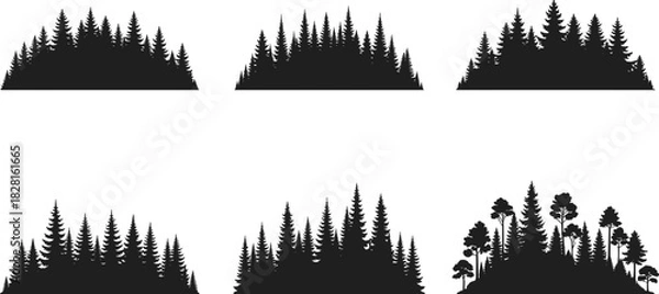 Fototapeta Six black silhouette forest borders with pine trees and deciduous trees evergreen