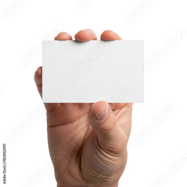 Fototapeta Adult caucasian hand holding a blank white paper business card with crisp edges on a transparent studio background with ample copy space, perfect for digital mockups. Concept for versatile business