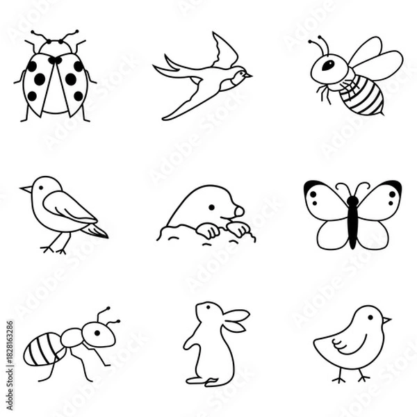 Obraz 春の動物や昆虫を描いたシンプルな線画イラストセット