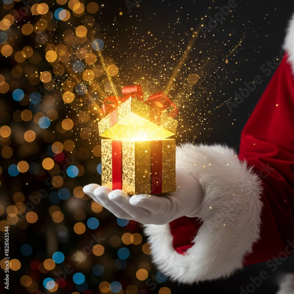 Fototapeta Close-Up of Santa Claus's Hand Holding an Opened Golden Gift Box Exploding with Bright Magical Light and Sparkling Particles, Set Against a Background of Defocused Christmas Tree Lights