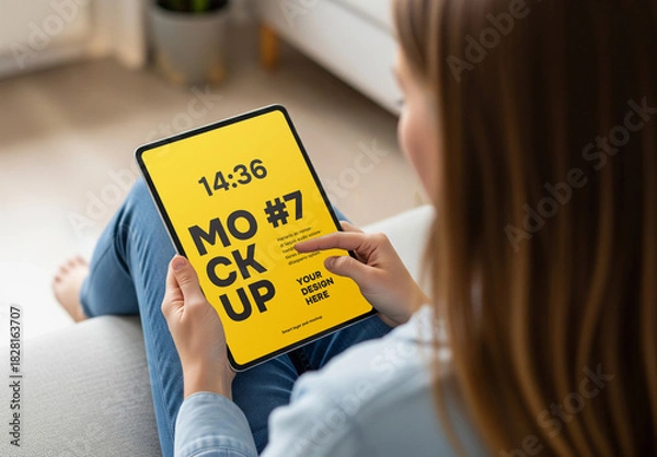 Obraz A woman using a tablet pc mockup