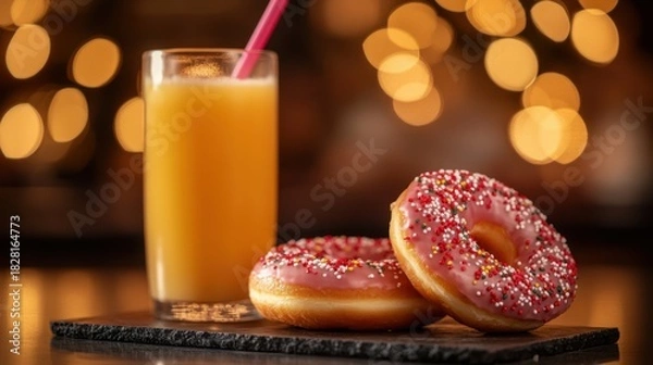 Fototapeta A refreshing glass of orange juice with a pink straw paired with two delicious donuts adorned with red sprinkles on a dark surface