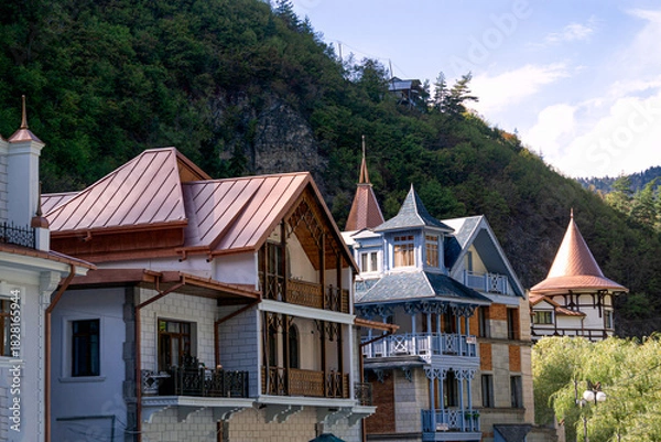Obraz Beautiful views of old houses in the city of Borjomi in Georgia, October 2025.