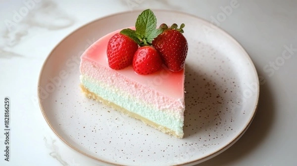 Obraz A delectable slice of strawberry cheesecake with a mint garnish, isolated on white background, showcasing its creamy layers and fresh fruit topping