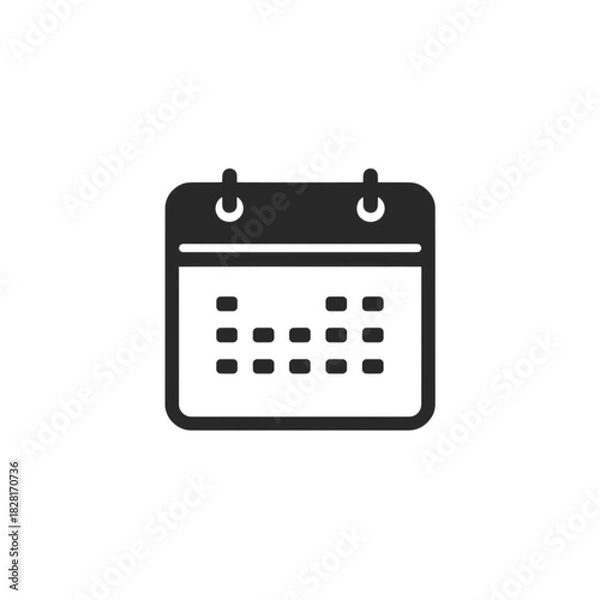 Fototapeta A clean minimalist calendar icon designed in a flat style with a solid black color and simple geometric shapes. This modern date symbol features smooth rounded corners and high clarity