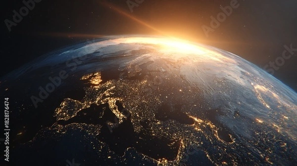 Obraz Earth view from space with sunrise or sunset illuminating the atmosphere.