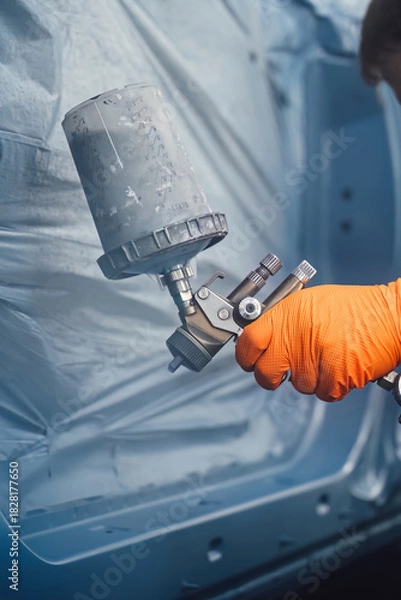 Obraz Professional painter in a protective suit spraying paint onto the car body inside a clean, modern spray booth. High quality automotive repair and bodywork service maintenance for vehicles.