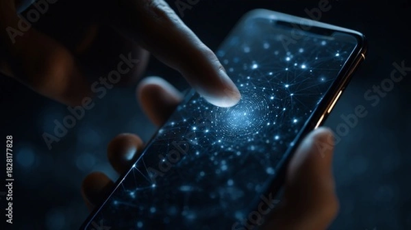 Obraz Hand touches a smartphone screen displaying a digital network or starry sky.