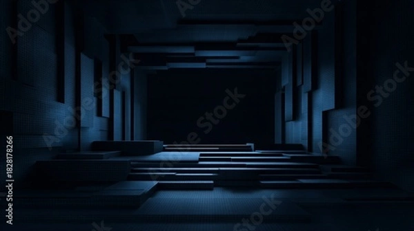 Obraz Dark abstract corridor with geometric shapes and blue lighting creates a mysterious atmosphere.