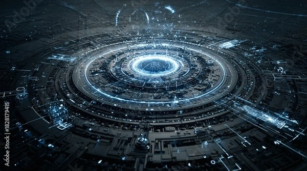 Obraz Abstract futuristic technology background with glowing blue light and circular patterns.