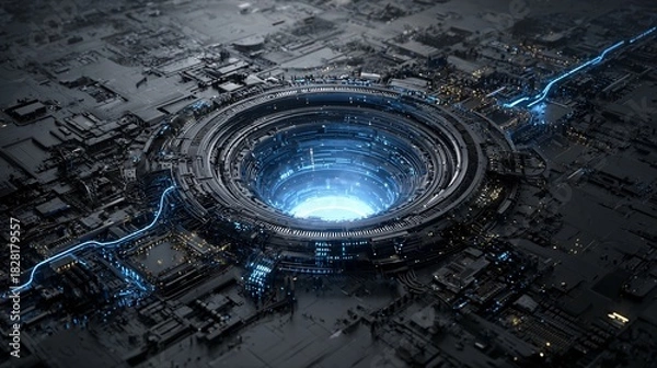 Obraz Circular structure with blue light emanating from the center on a dark surface.