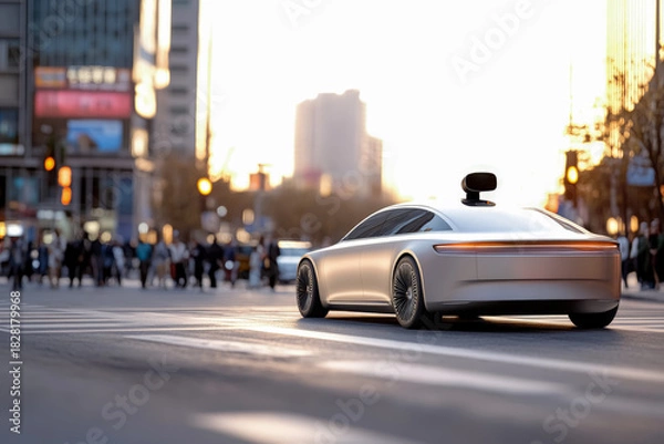 Fototapeta Self-Driving Silver Car at Smart Traffic Junction with Downtown