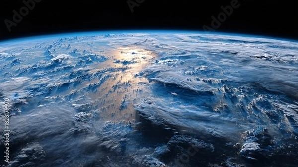 Obraz Earth view from space showing clouds and ocean with sunlight reflection.