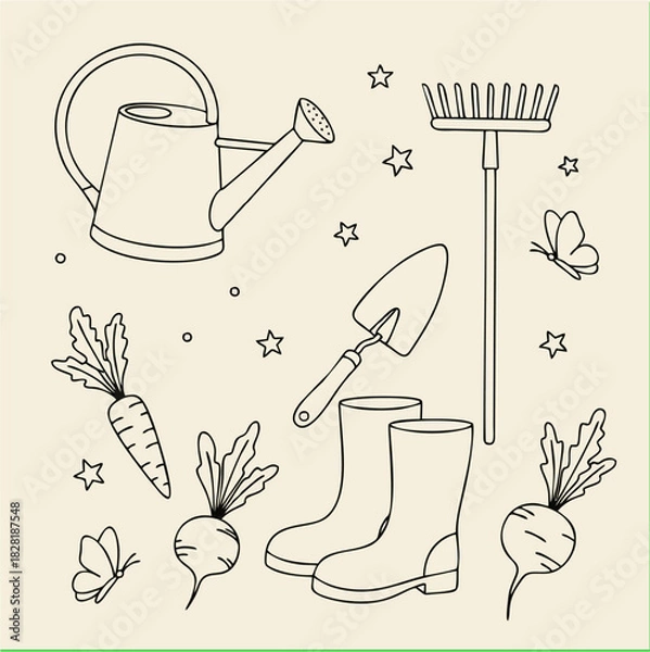Fototapeta Whimsical Outline Illustration Set of Garden Essentials for Spring Planting and Harvesting, Featuring Hand-Drawn Tools, Fresh Vegetables, and Nature Elements