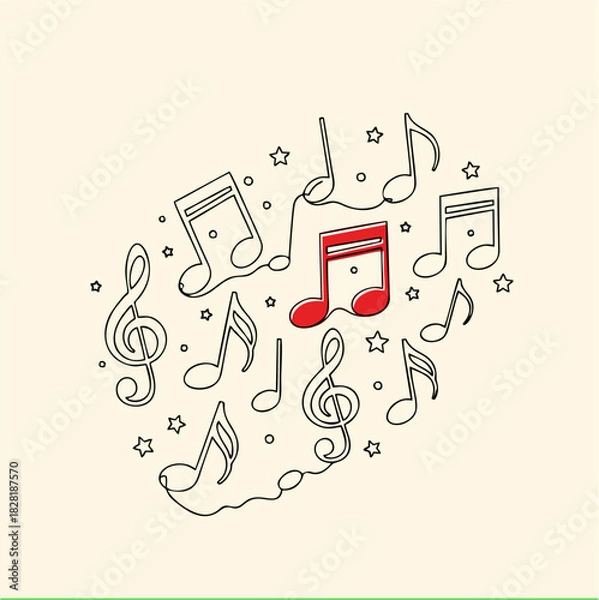 Fototapeta Creative continuous one-line drawing of musical notes and treble clefs with a red accent. Abstract music symbol background illustration