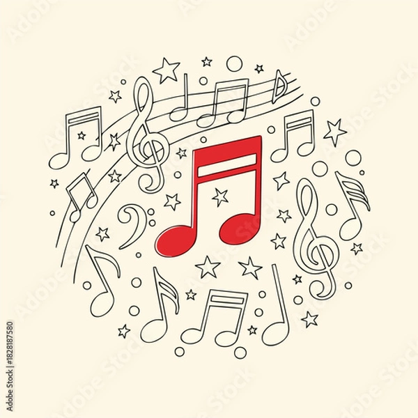 Fototapeta A delightful circular illustration featuring a vibrant collection of musical notes and stars, exuding a joyful and artistic vibe, perfect for creative projects