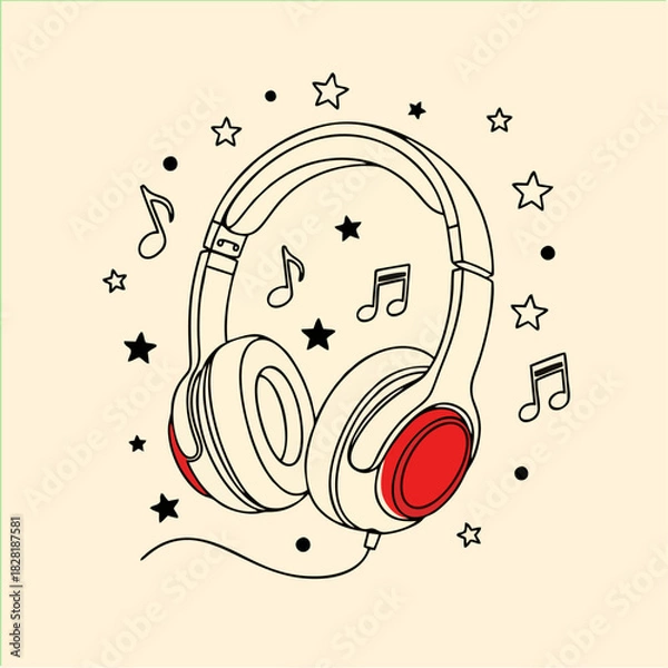 Fototapeta Headphones with Music Notes and Stars Listen to the Beat, Enjoy the Sound, Vector Illustration