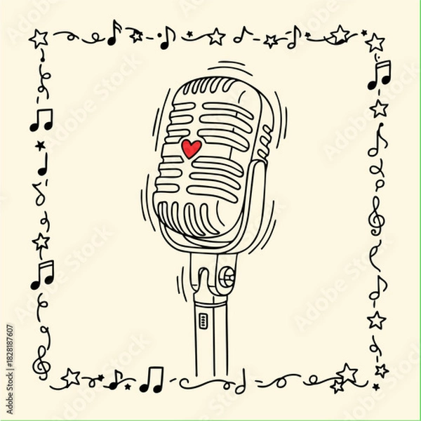 Fototapeta Doodle style illustration of a classic radio microphone with a heart, framed by musical notes and stars, representing a love for singing or podcasting