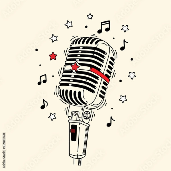 Fototapeta Retro Microphone Illustration with Stars and Musical Notes on Beige Background