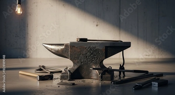 Fototapeta Classic Blacksmith Workspace with Anvil Under Warm Lighting Setup