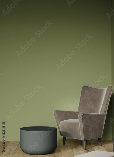 Obraz Living room or buisness space scene in deep green colors. Combination of olive sage taupe. Empty wall blank - olivegreen background and luxury armchair. Premium interior area for art. 3d render