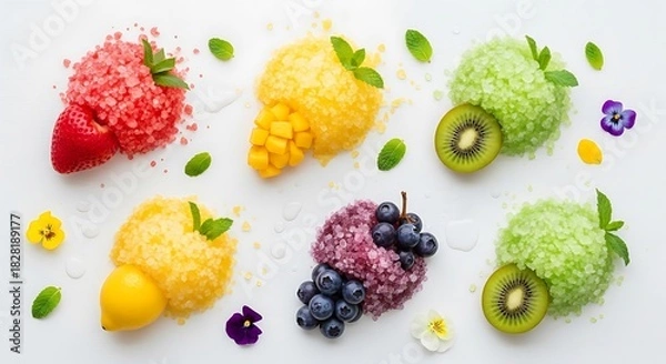 Obraz Delicate arrangement featuring fresh fruits and sugar crystals on white canvas