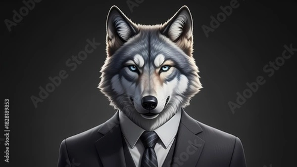 Fototapeta Striking Gray Wolf in a Sharp Business Suit - Conceptual Portrait of Team Leadership, Loyalty, and Corporate Intelligence