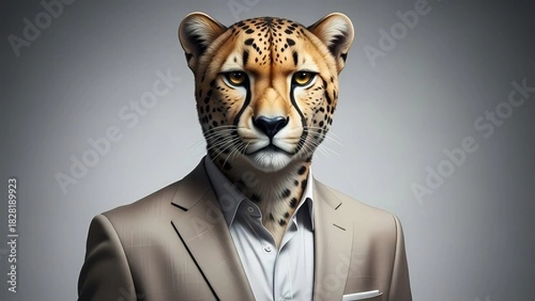 Fototapeta Elegant Cheetah in a Tan Business Suit - Conceptual Portrait of Speed, Efficiency, and Corporate Success on a Gray Background