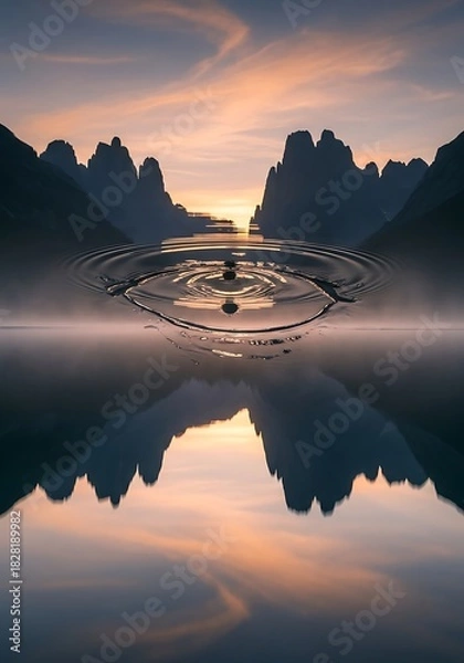 Fototapeta Majestic mountains mirroring in still water, with droplet creating ripples