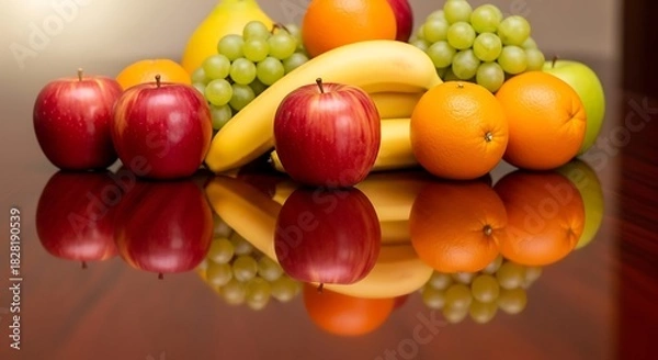 Fototapeta Vibrant composition of mixed fruits with a reflective surface still life