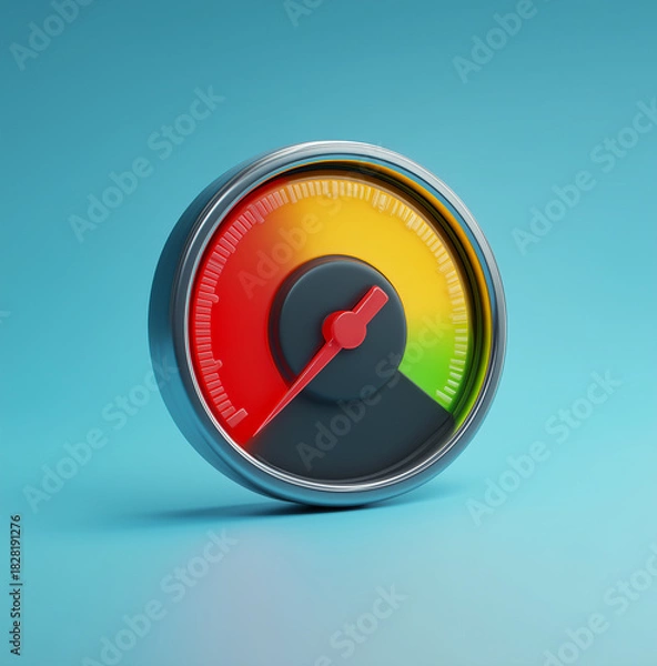 Obraz Color-coded speedometer pointing to red zone on soft blue background
