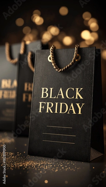 Obraz Luxury Black Friday shopping bag with gold text and golden bokeh lights, elegant promotional retail design for holiday sales, discounts, marketing and upscale shopping events