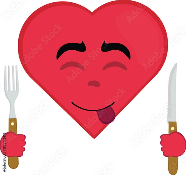 Fototapeta vector illustration emoticon character heart cartoon, an expression of yummy how delicious with a knife and fork in his hands