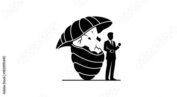 Fototapeta A businessman standing next to a large cracked egg shaped object in black and white design silhouette