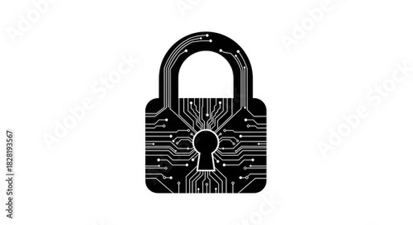 Obraz A black padlock with a circuit board design on a white background in a digital illustration silhouette
